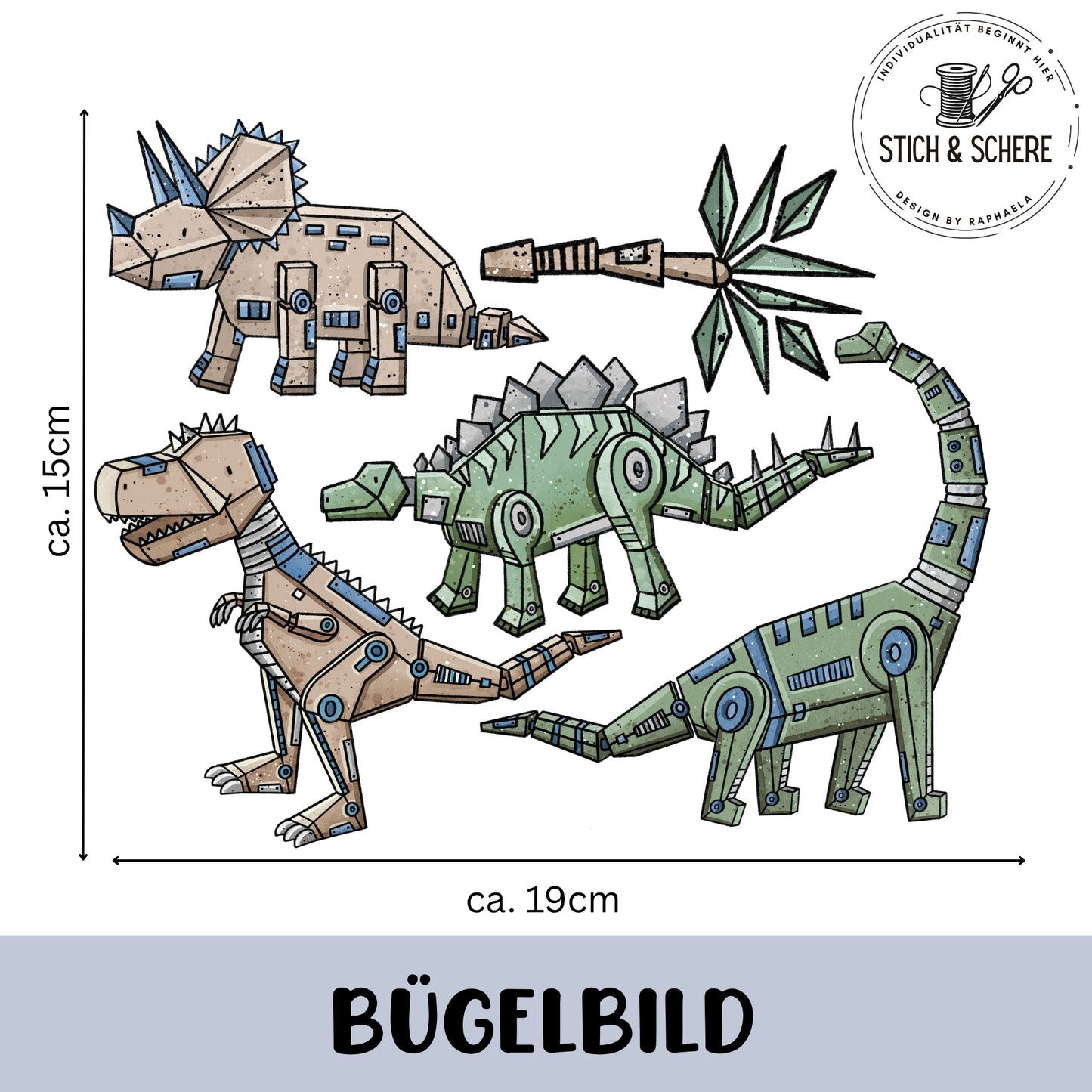 „Bügelbild-Set ‚Robodinos‘ (ca. 19×15 cm): vier mechanische Dinosaurier – sandfarbener T-Rex, Triceratops, grüner Stegosaurus und grüner Langhals – im technischen Cartoon-Stil.“
