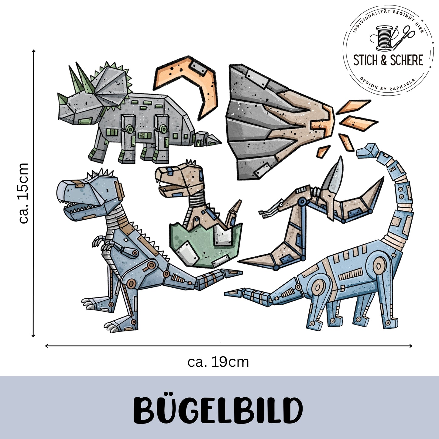 „Bügelbild-Set ‚Robodinos 2‘ (ca. 19×15 cm): fünf mechanische Dinosaurier – blaugrauer T-Rex, grauer Triceratops, grüner Langhals, braun-blauer Flugsaurier, schlüpfendes Robo-Dino-Baby – plus grauer Meteorit; technischer Cartoon-Stil.“