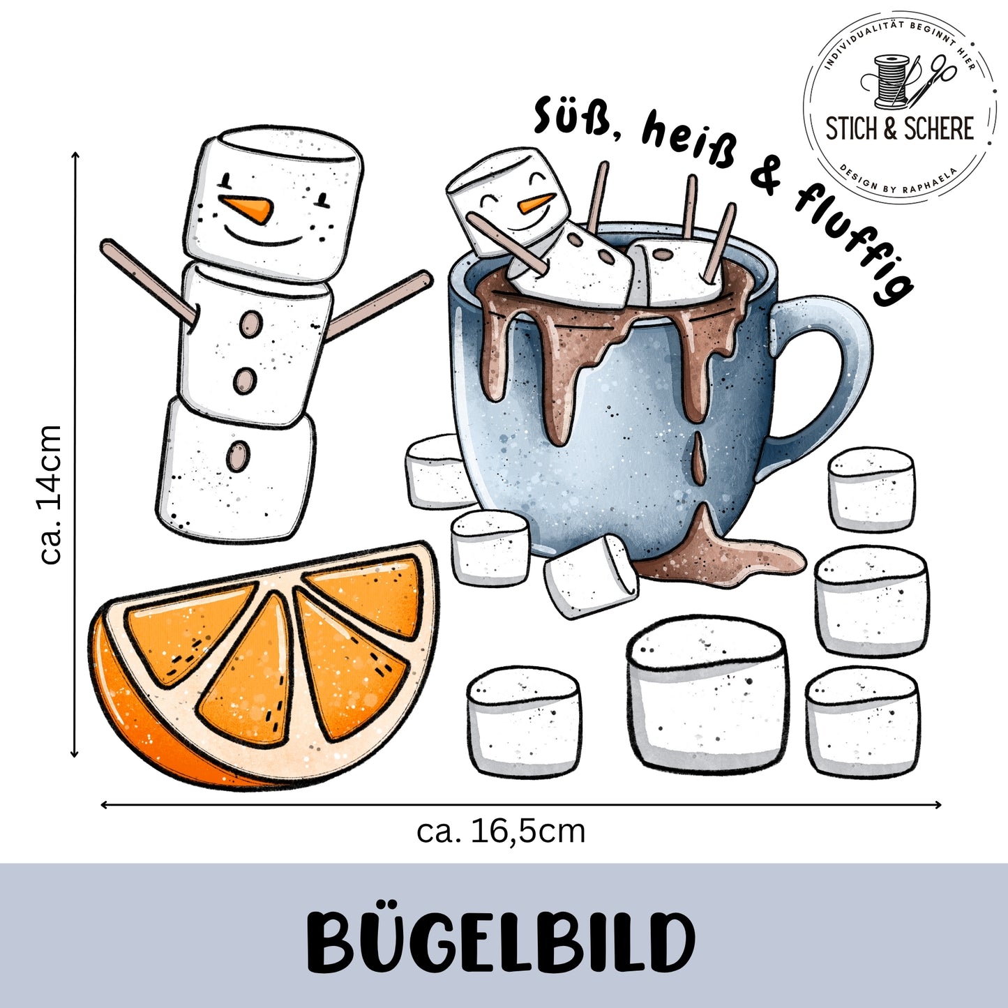 Bogen mit Wintermotiven: blaugraue Tasse voller heißer Schokolade, darauf liegende Marshmallows; links daneben steht ein lächelnder Marshmallow-Schneemann, unten eine Orangenscheibe und mehrere einzelne Marshmallows; Schriftzug „Süß, heiß & fluffig“.