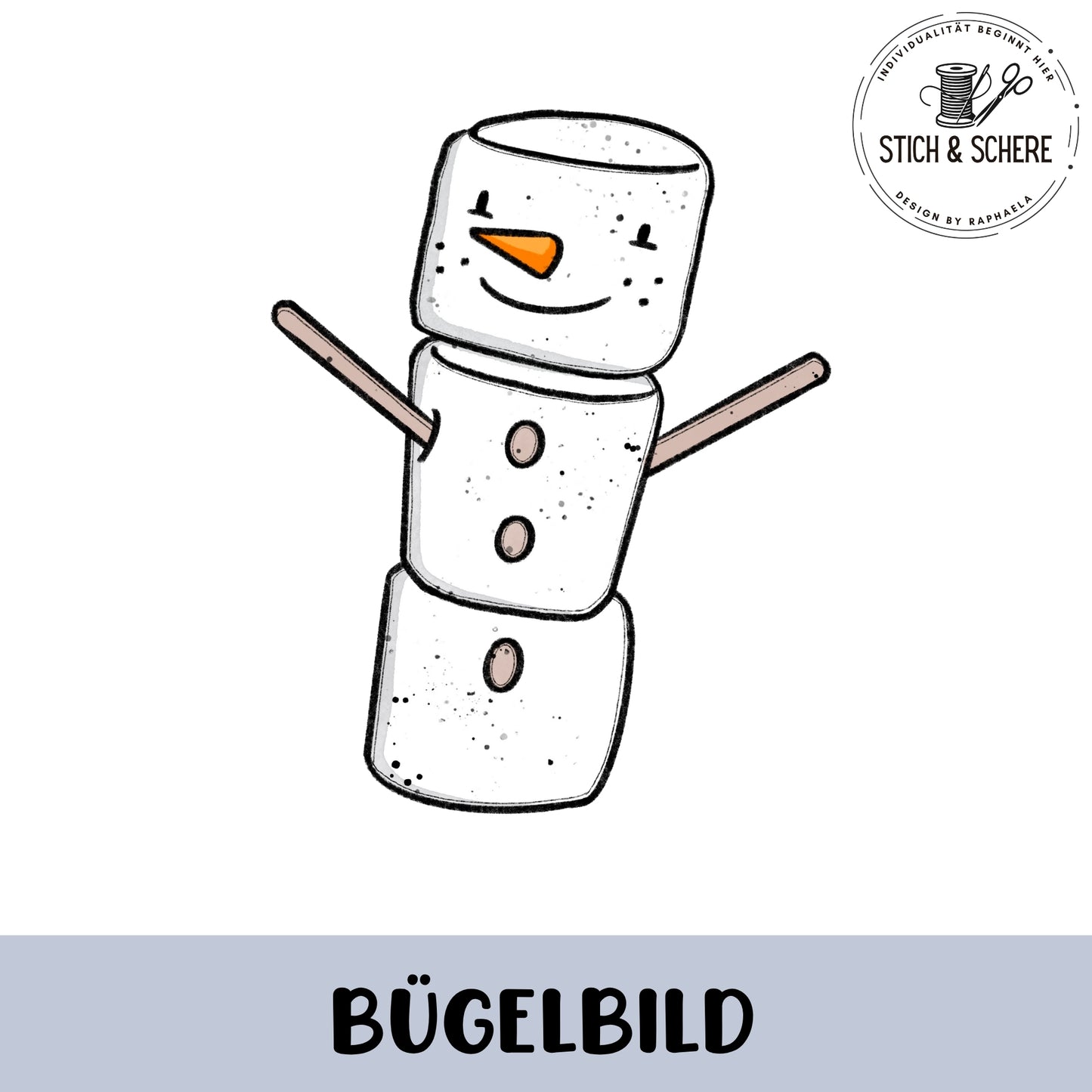 Weißer Marshmallow-Schneemann aus drei Marshmallows mit orangefarbener Karottennase, lächelndem Gesicht, braunen Stockarmen und drei Knöpfen – als Bügelbild auf weißem Hintergrund.