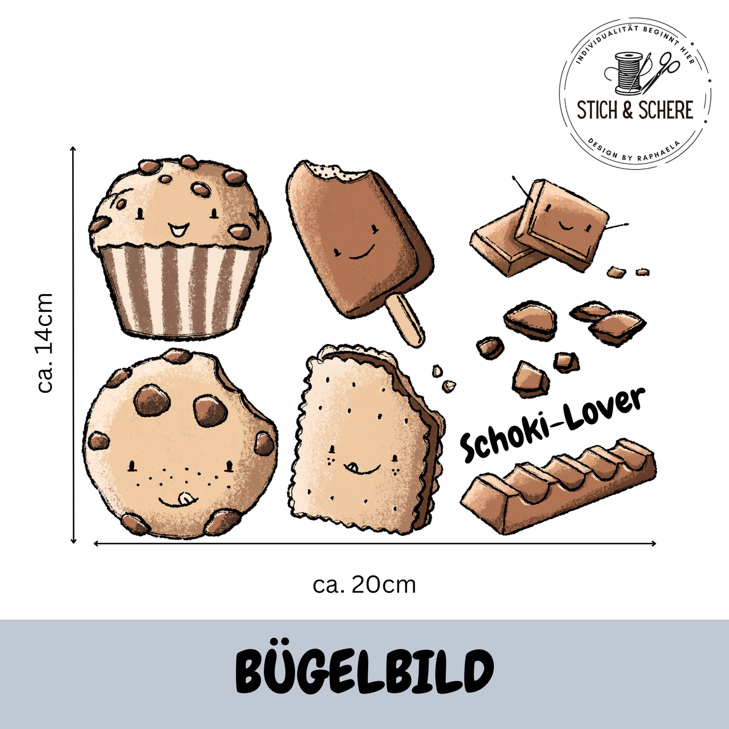 Bügelbild Schoki Set mit Schoko-Muffin, Eis, Cookie, Keksen, Schokoladenstücken, Schokoriegel und Schoki-Lover Schriftzug – ca. 20 x 14 cm