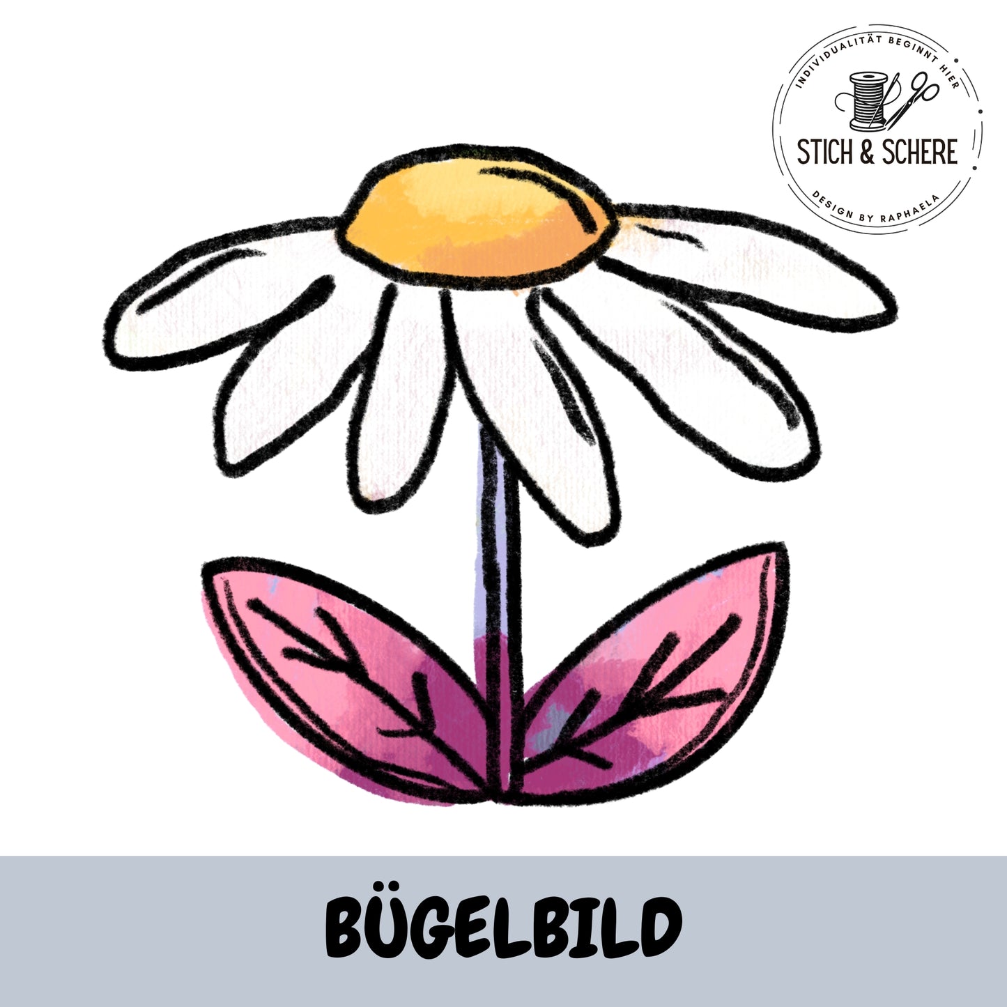 Summer Parts Bügelbild Blume mit weißen Blütenblättern und bunten Blättern im verspielten Aquarell Stil