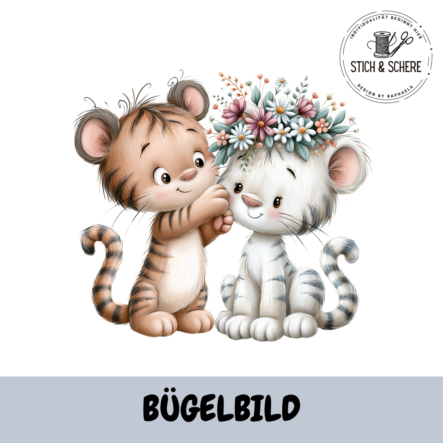 Bügelbild Tigerfreunde mit zwei niedlichen Tigern und Blumenkrone – DTF Transfer für Kinderkleidung