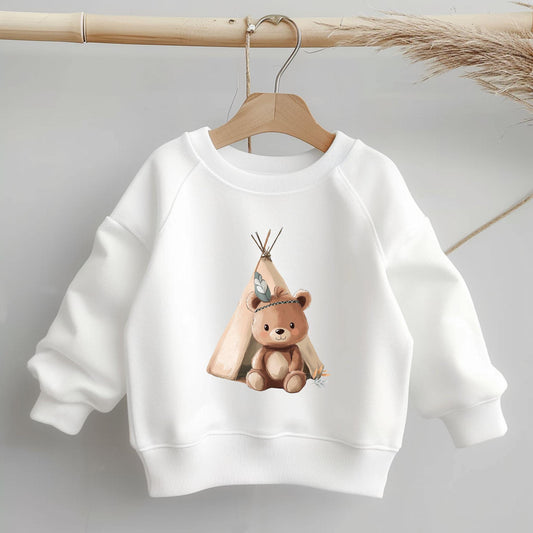 Bügelbild "Tipi Bär" – Süßes Bärenmotiv mit Tipi für Kinderkleidung aus Jersey.