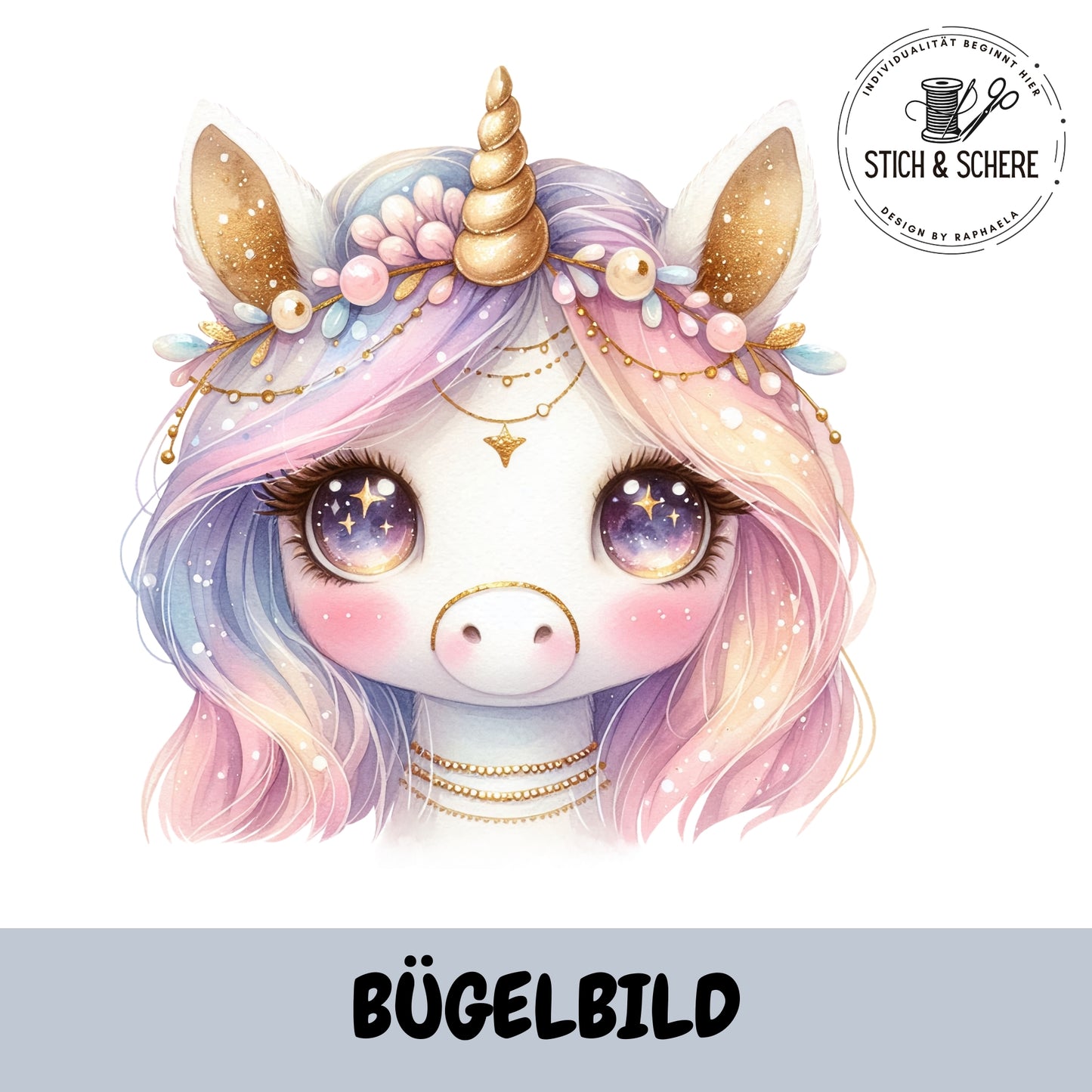 Unicorn Day Bügelbild Einhorn mit funkelnden Sternaugen und Goldhorn freigestellt