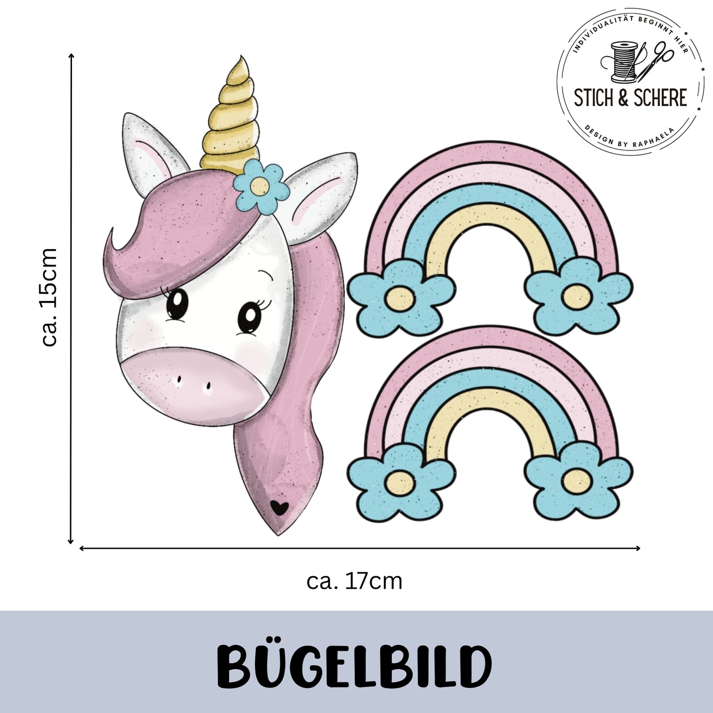 Bügelbild Set mit pastellfarbenem Einhornkopf und zwei Regenbögen mit Blumen, ca. 15 cm hoch und 17 cm breit.