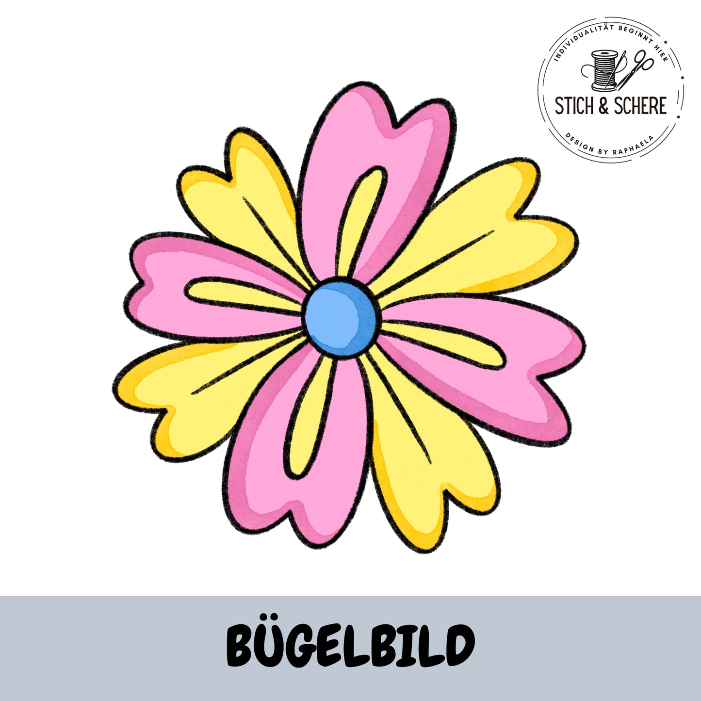 Verspieltes Blumen Bügelbild in Gelb und Rosa mit handgezeichnetem Look für kreative DIY Projekte