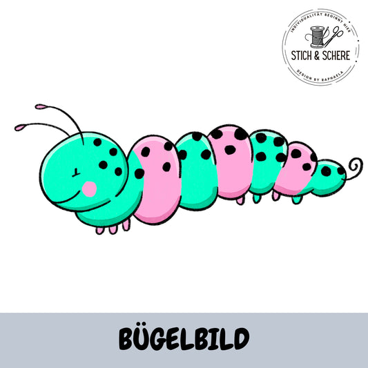 Bügelbild Wiesenkrabbler Raupe – niedliche Raupe als DTF Transfer passend zum Stoffdesign Wiesenkrabbler von Katzengold-Designs.