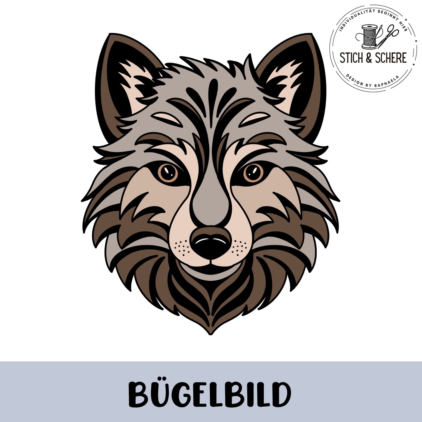 „Freigestelltes Bügelbild: frontal gezeichneter Wolfskopf in Braun- und Grautönen mit detaillierter Fellstruktur und klaren Konturen.“
