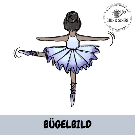 Ballerina Bügelbild – tanzende Ballerina mit dunklem Hautton und fliederfarbenem Tutu von Katzengold Designs