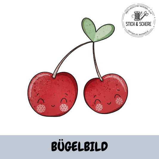 Cherrys Bügelbild – zwei süße rote Kirschen mit Gesichtern und grünem Herzblatt von Katzengold Designs