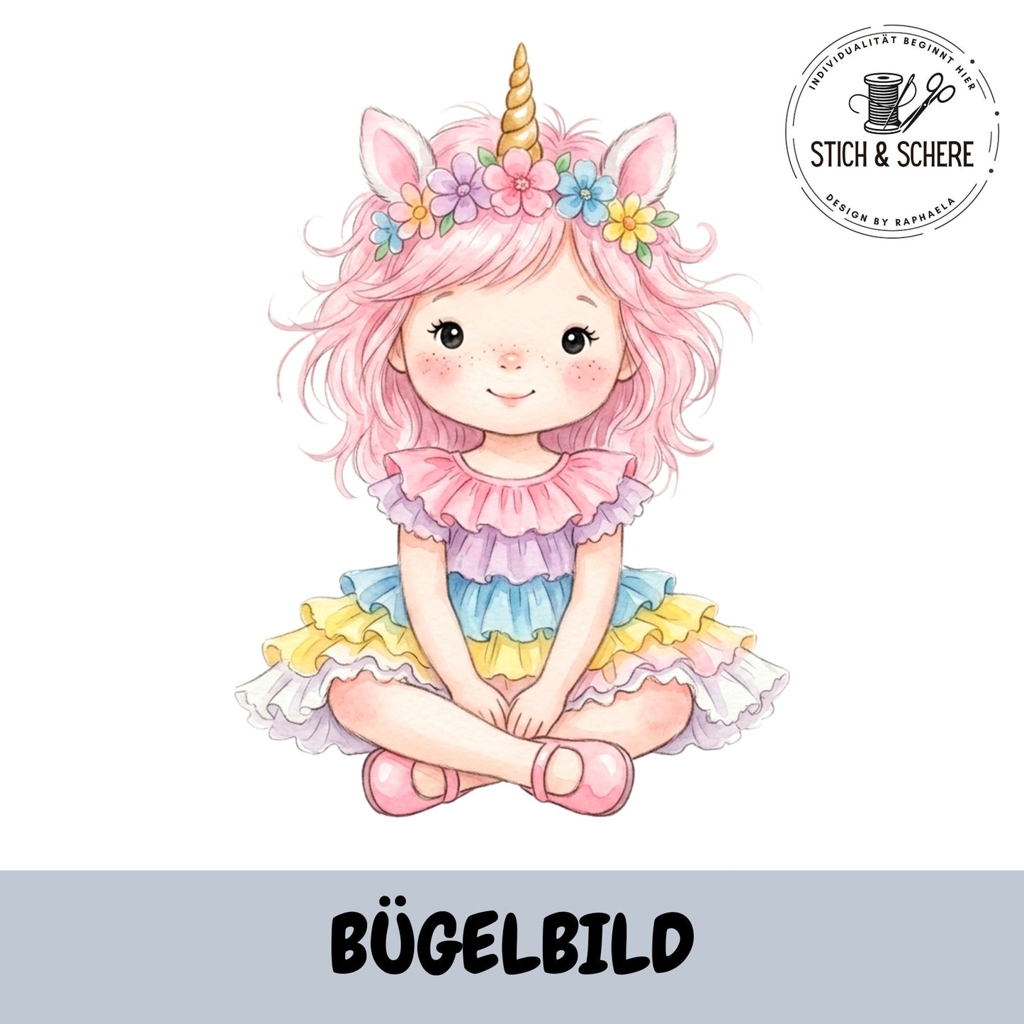 Bügelbild Einhornzauber mit sitzendem Mädchen im bunten Regenbogenkleid und Einhorn-Blumenkranz