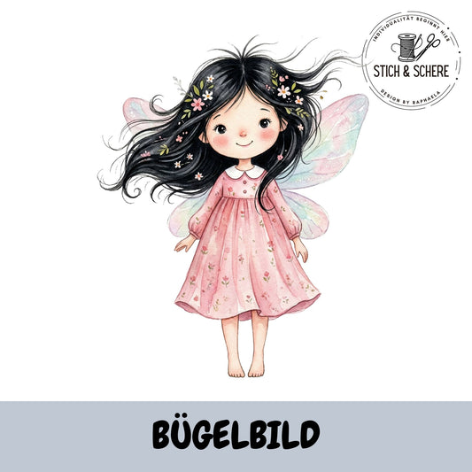 BĂŒgelbild Elfenzauber mit niedlichem FeenmĂ€dchen im rosa Kleid und schimmernden FlĂŒgeln im Aquarellstil