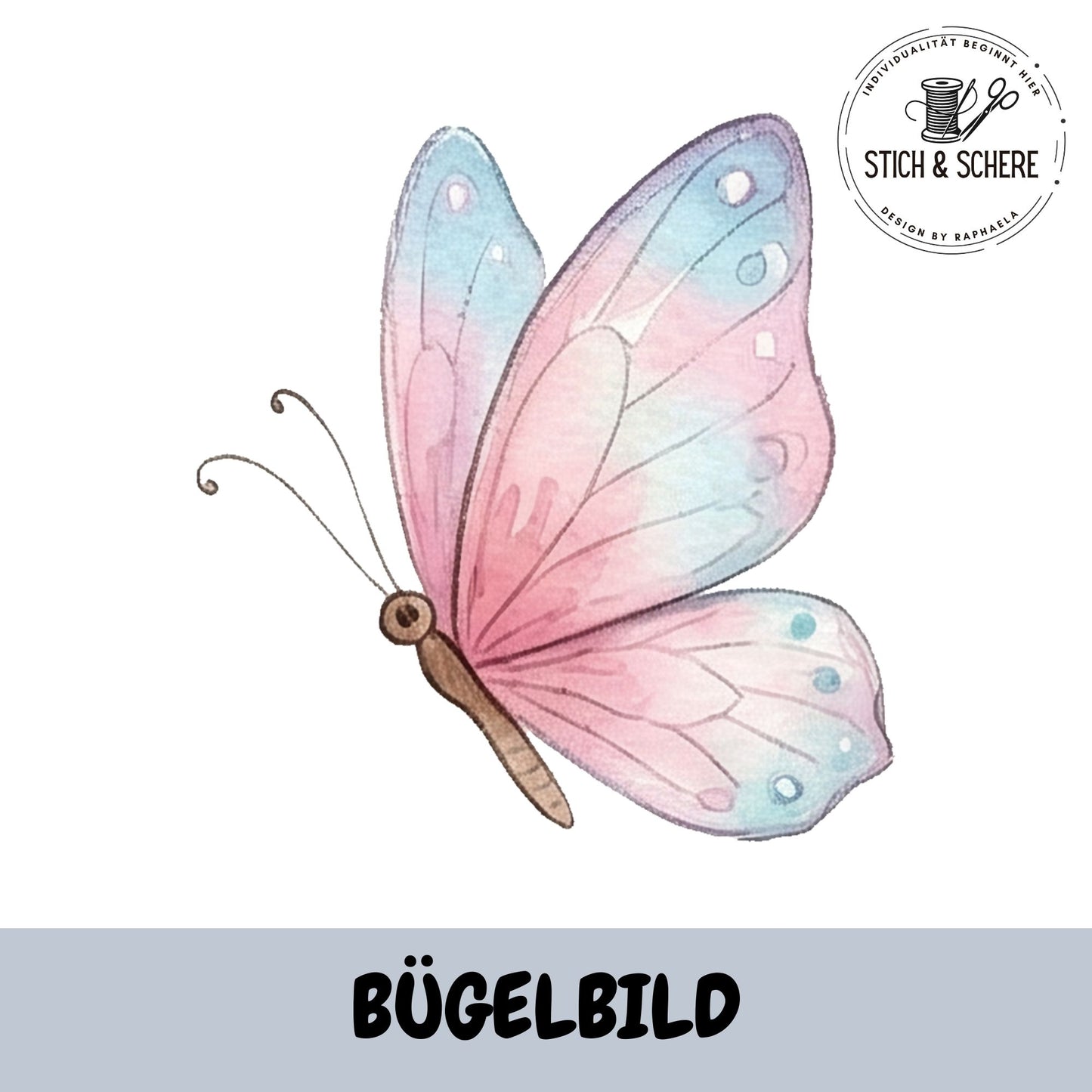 Bügelbild Elfenzauber mit filigranem Schmetterling in zarten Rosa- und Blautönen im Aquarellstil