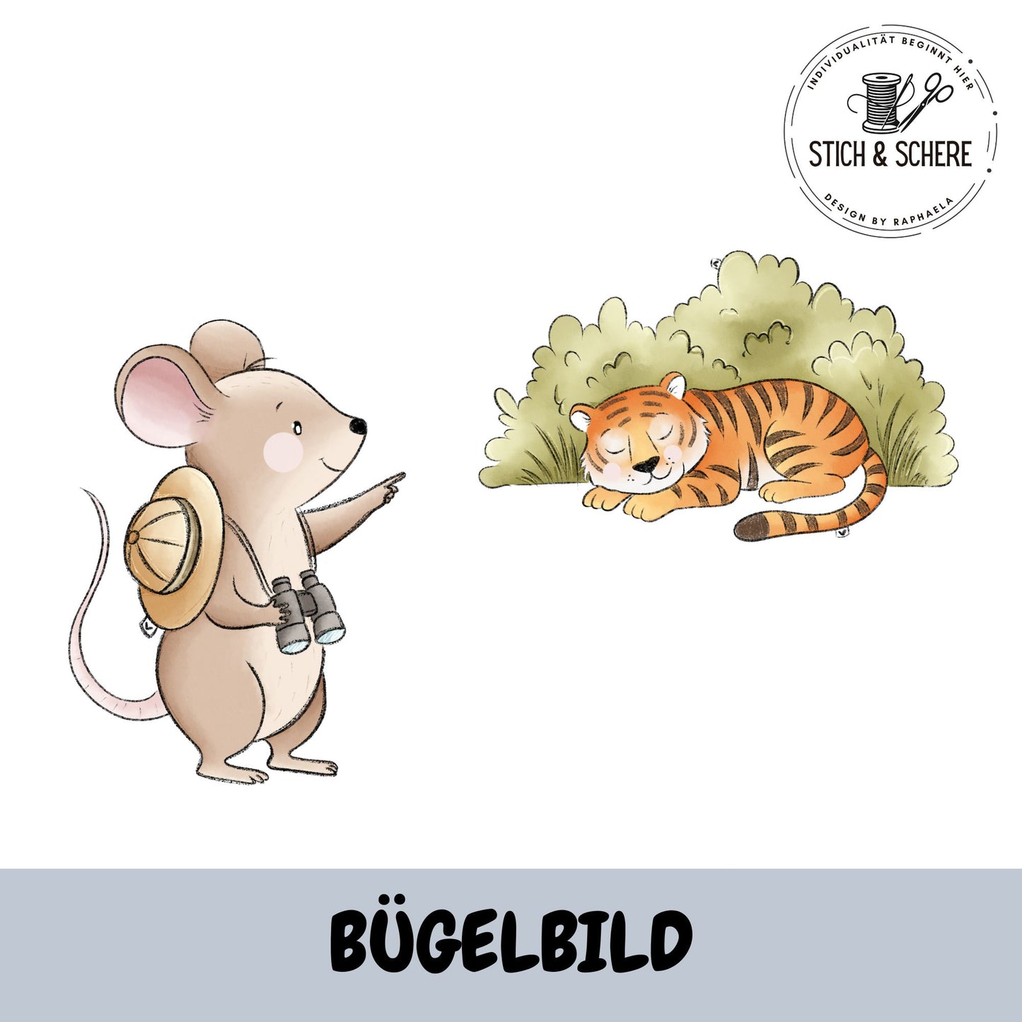 Bügelbild „Mäusesafari“ mit Entdeckermaus und schlafendem Tiger in einer liebevollen Safari-Szene im Aquarellstil