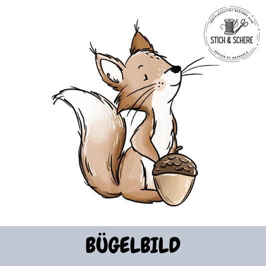 Waldtier Team Bügelbild – sitzendes Eichhörnchen mit großer Eichel von Katzengold Designs
