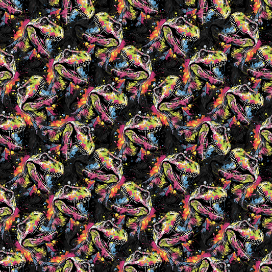 Stoff Meterware mit bunten T-Rex Dinos auf schwarzem Hintergrund.