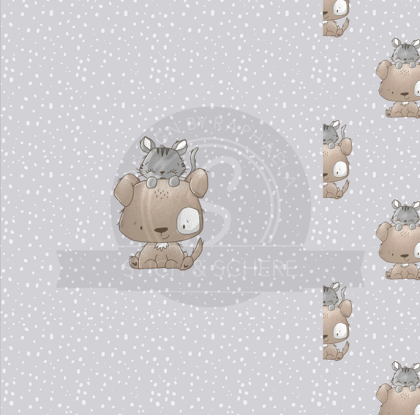 Kinderstoff „Little Memories“ – liebevolles Motiv mit Hund und Katze sowie abgestimmtem Muster.