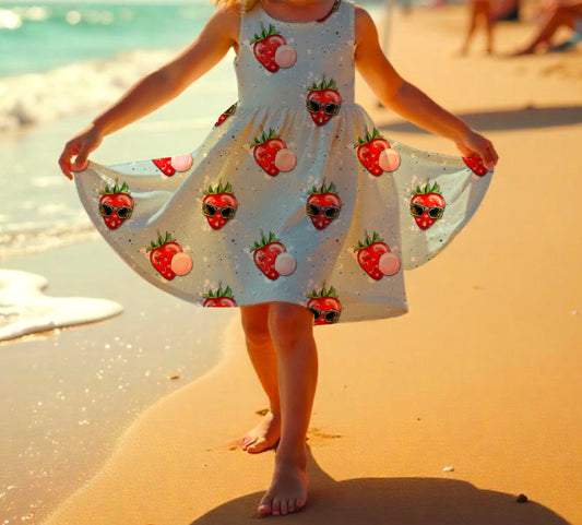 Verspieltes Sommerkleid für Kinder mit Erdbeer-Motiven auf nachhaltigem Jersey-Stoff.