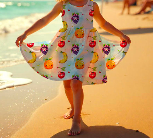 Drehkleid „Süße Früchte“ mit Kirschen, Trauben, Orangen und Bananen.