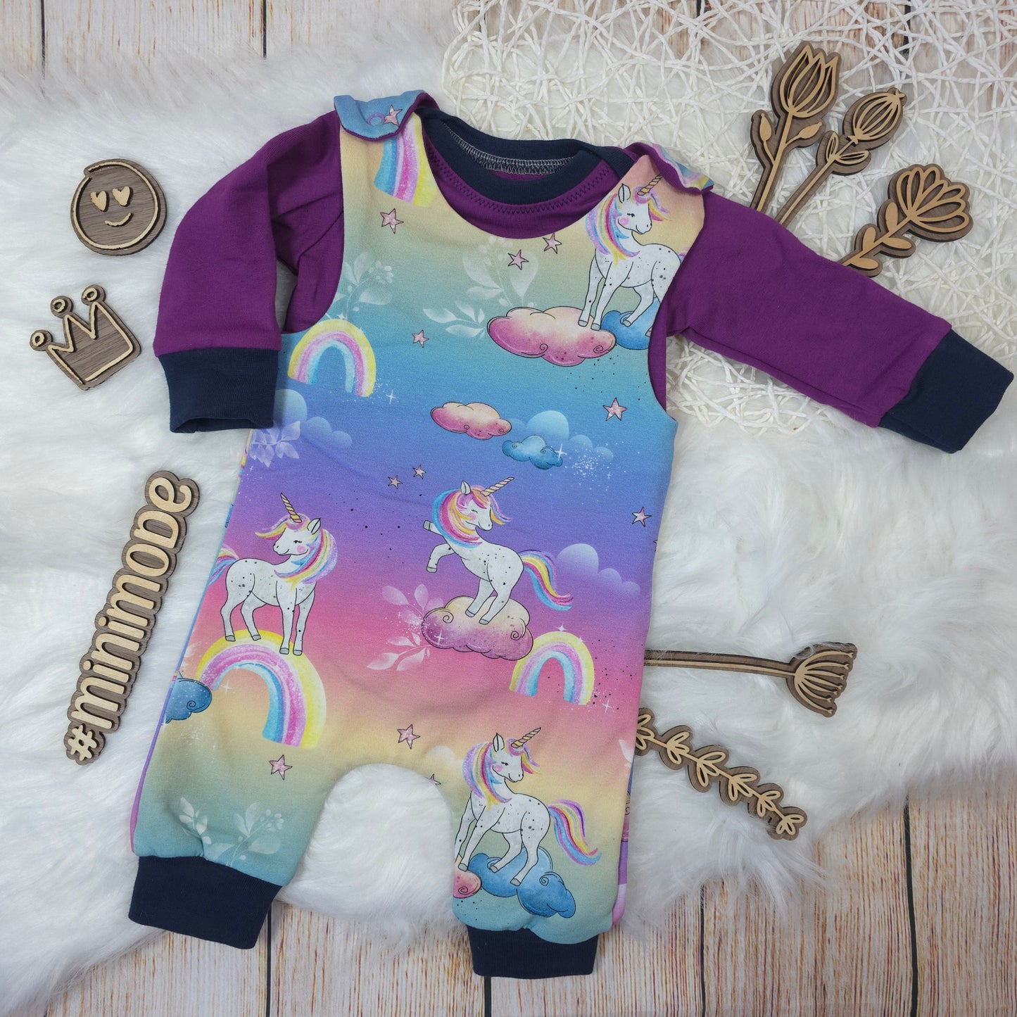 Handgemachtes Einhorn Baby Set Größe 50/56 Strampler mit Regenbogen und Body Kombination
