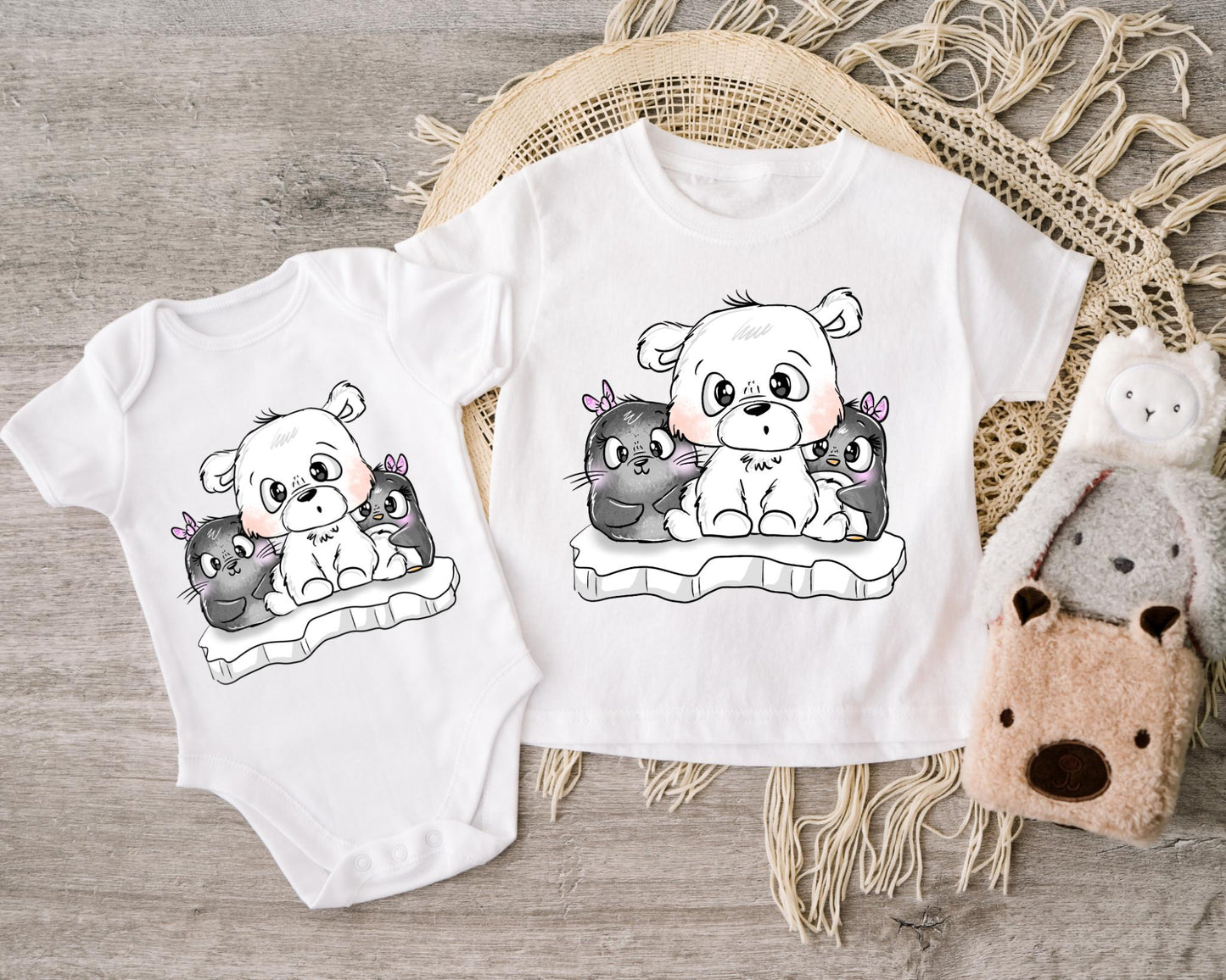 Süßes Polartier-Bügelbild mit Eisbär & Pinguinen für Babybodys und Kinder-Shirts.