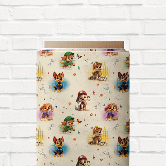 Hochwertiger Jersey-Stoff "Fellfreunde im Einsatz – Creme" mit süßen Hunde-Motiven für Kinderkleidung.