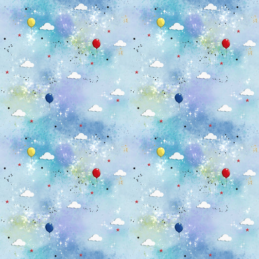 Fliegende Träume Kombi Kinderstoff mit Wolken & Ballons auf Himmelblau.
