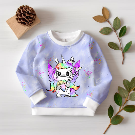 Kinderstoff „Einhornkönigin“ mit Kombistoff für Hoodies, Kleider & Shirts.