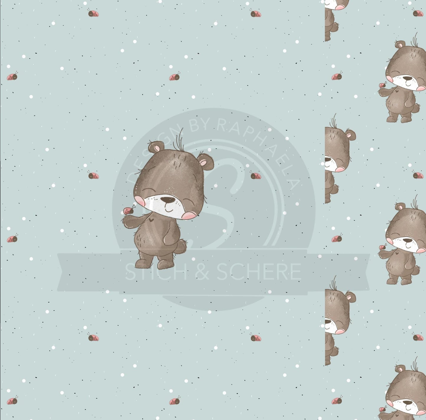 Stoff mit Tiermotiv: Bär & Marienkäfer auf Jersey oder French Terry für Kinderkleidung.