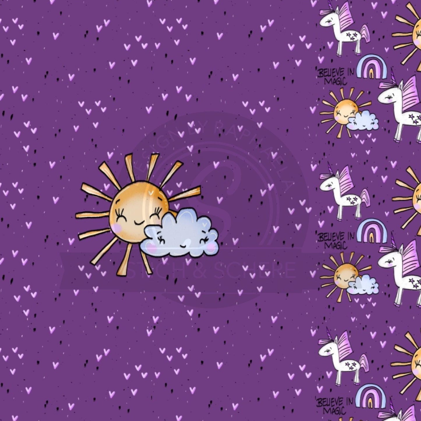 Magischer Stoff mit strahlendem Sonnenmotiv und Einhorn-Design.