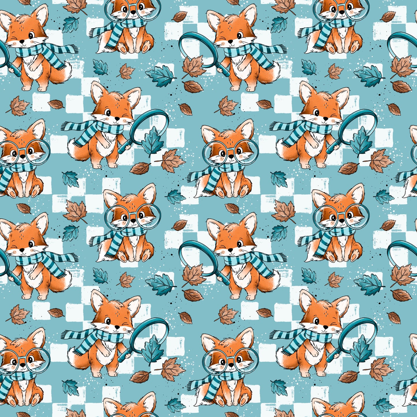 Fuchssuche von Katzengold-Designs mit niedlichen Füchsen und Lupen auf Aquablau – Reaktivdruck