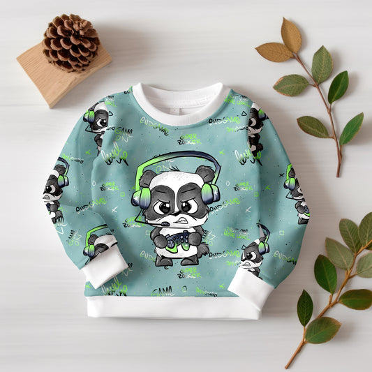 Gaming-Stoff „Gamepanda“ mit Musterdesign, ideal für Hoodies, Shirts & Kinderkleidung.