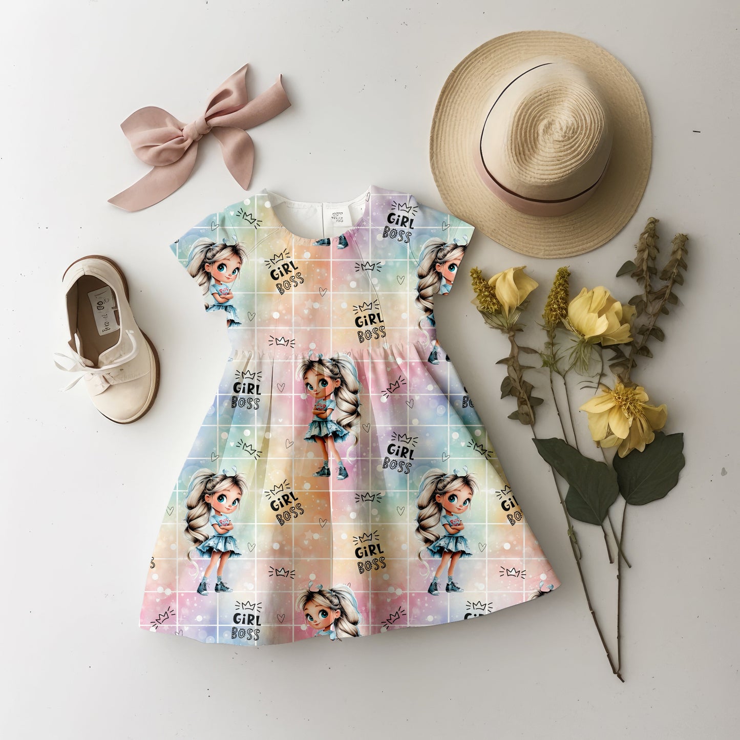 Bunter Farbverlauf in Pastelltönen auf dem Girl Boss Kinderstoff