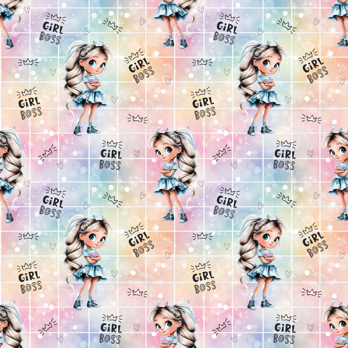 Stoffdesign Girl Boss – Gesamtansicht mit Power-Mädchen und buntem Hintergrund.