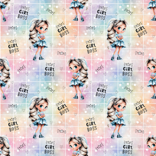 Stoffdesign Girl Boss – Gesamtansicht mit Power-Mädchen und buntem Hintergrund.