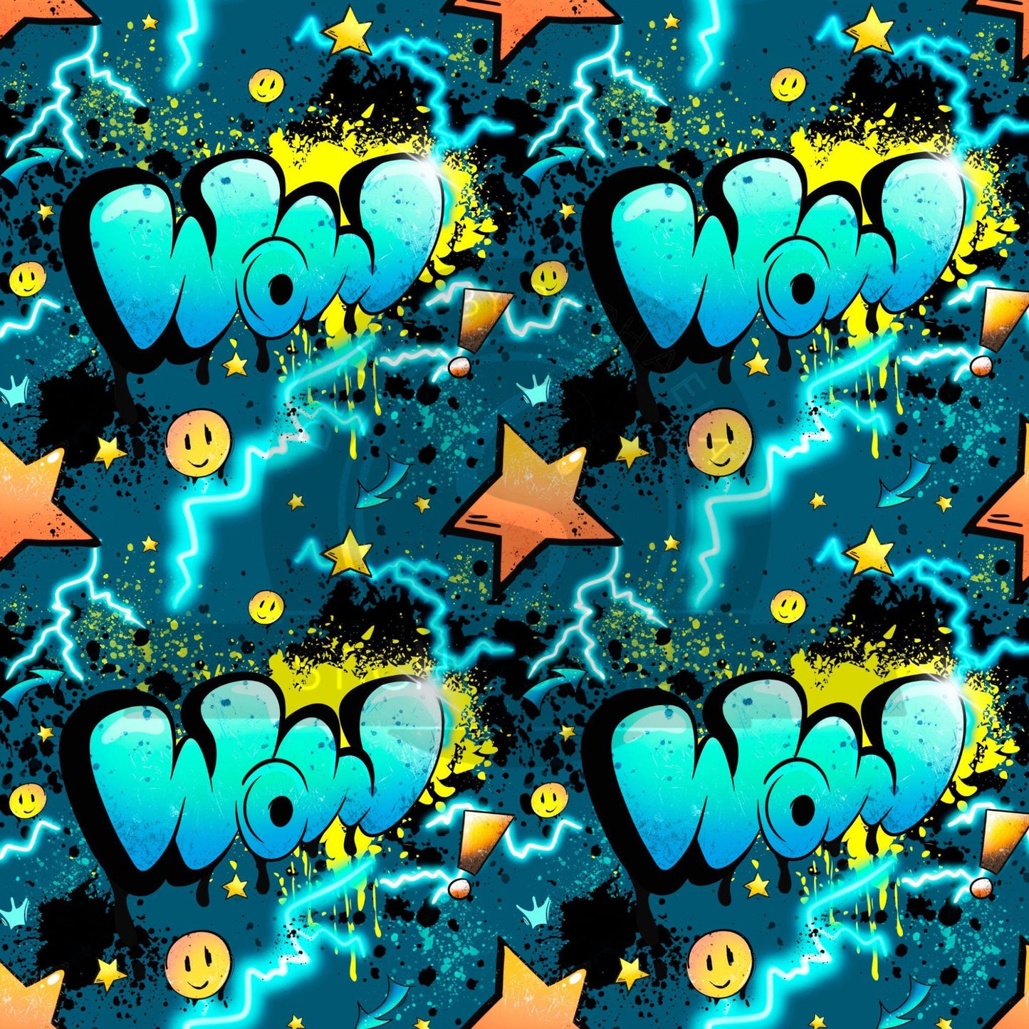 Streetstyle-Stoff mit WOW-Schriftzug in Neonfarben für DIY-Kleidung.