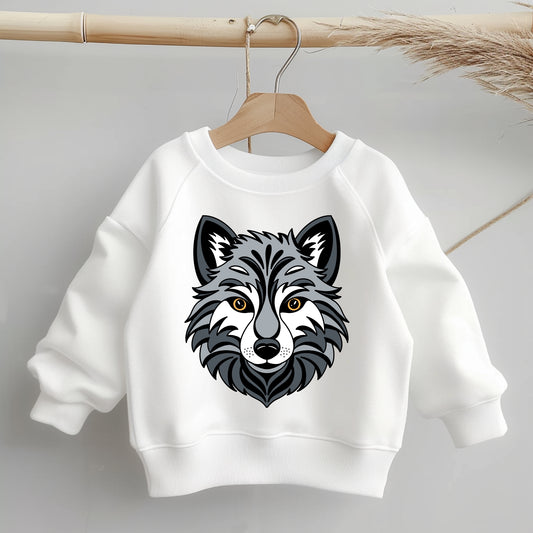 „Mockup eines Kinder-Sweaters: mittig auf der Brust das Bügelbild eines grauen Wolfkopfs mit goldenen Augen; zeigt Größe und Platzierung des Motivs auf der Kleidung.“