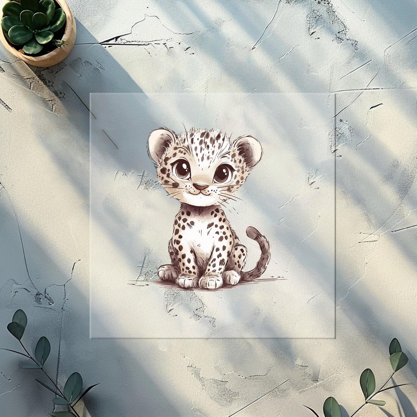 Detailaufnahme des Leoparden-Bügelmotivs auf handgemachter Kleidung.