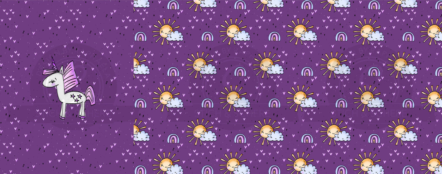 Magisches Stoffpanel mit Einhorn und Musterkombi Sonne für Baby-Mode.