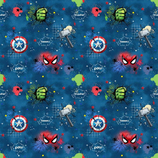 Heldenalarm Superheldenstoff blau für Kinderkleidung aus Bio-Baumwolle.