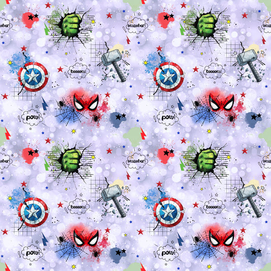 Heldenalarm Superheldenstoff flieder glitter für Kinderkleidung aus Bio-Baumwolle.