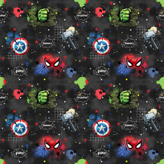 Jersey- und French-Terry-Stoff „Heldenalarm!“ mit Comic-Motiven für Kinder.