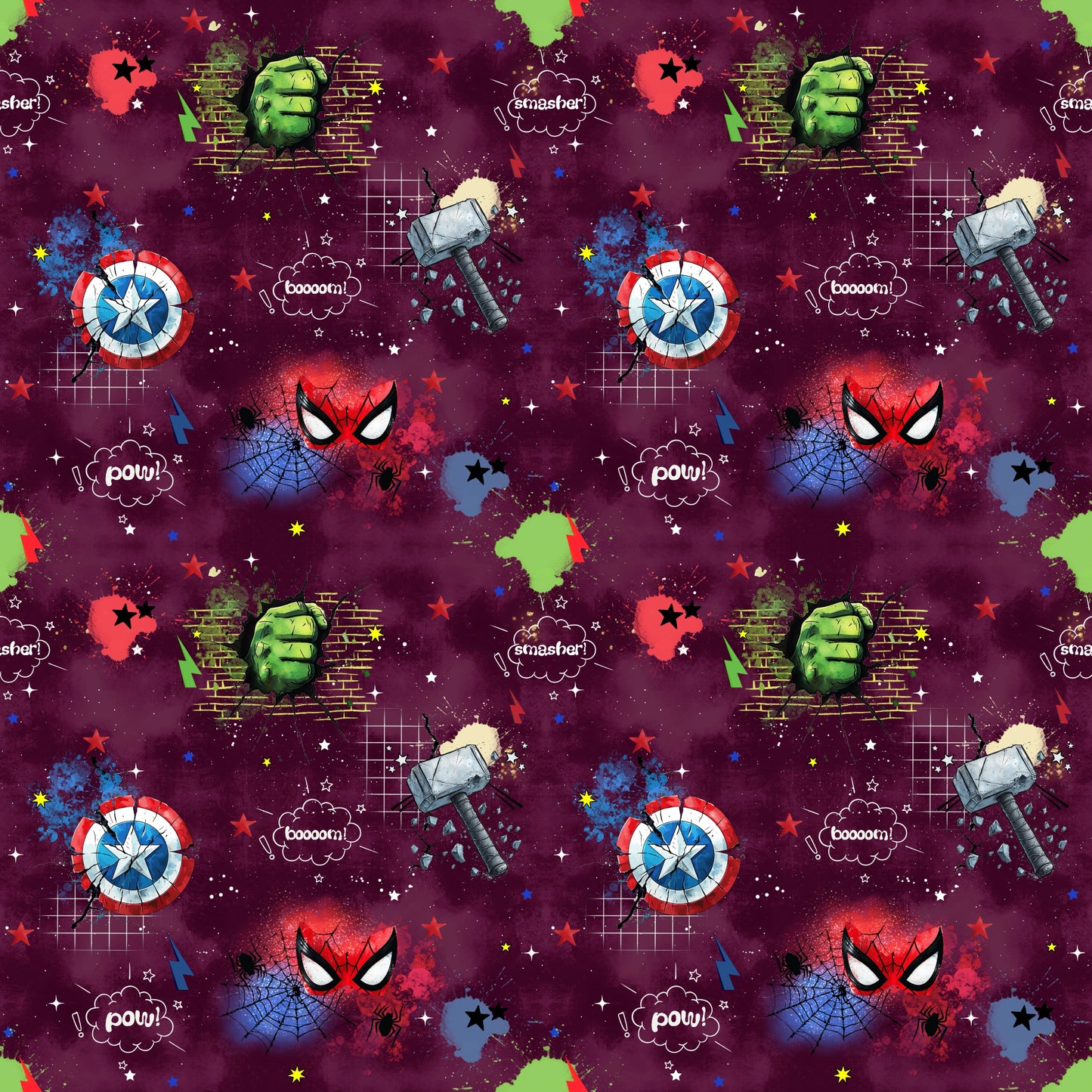 Comic Stoffdesign mit Superhelden-Symbolen auf weinrotem Hintergrund – ideal für Kinderkleidung.