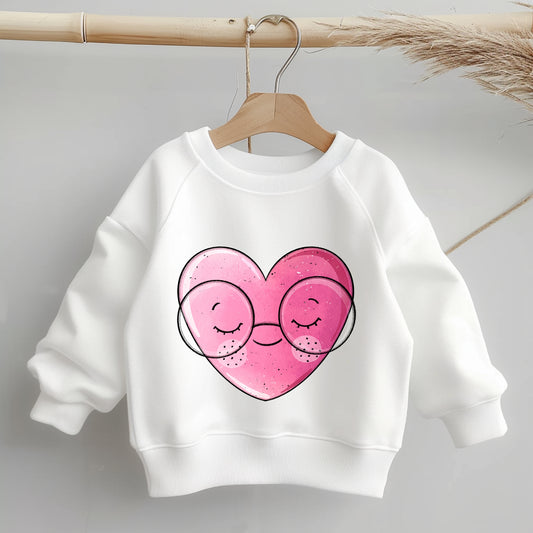 „Mockup eines einfarbigen Kinder-Sweaters: mittig auf der Brust das Bügelbild eines rosa Herzens mit runder Brille; zeigt Größe und Platzierung des Motivs.“