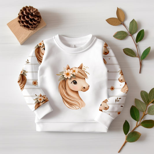 Hochwertiges Pferde-Stoffpanel in Weiß für Baby- und Kinderkleidung.