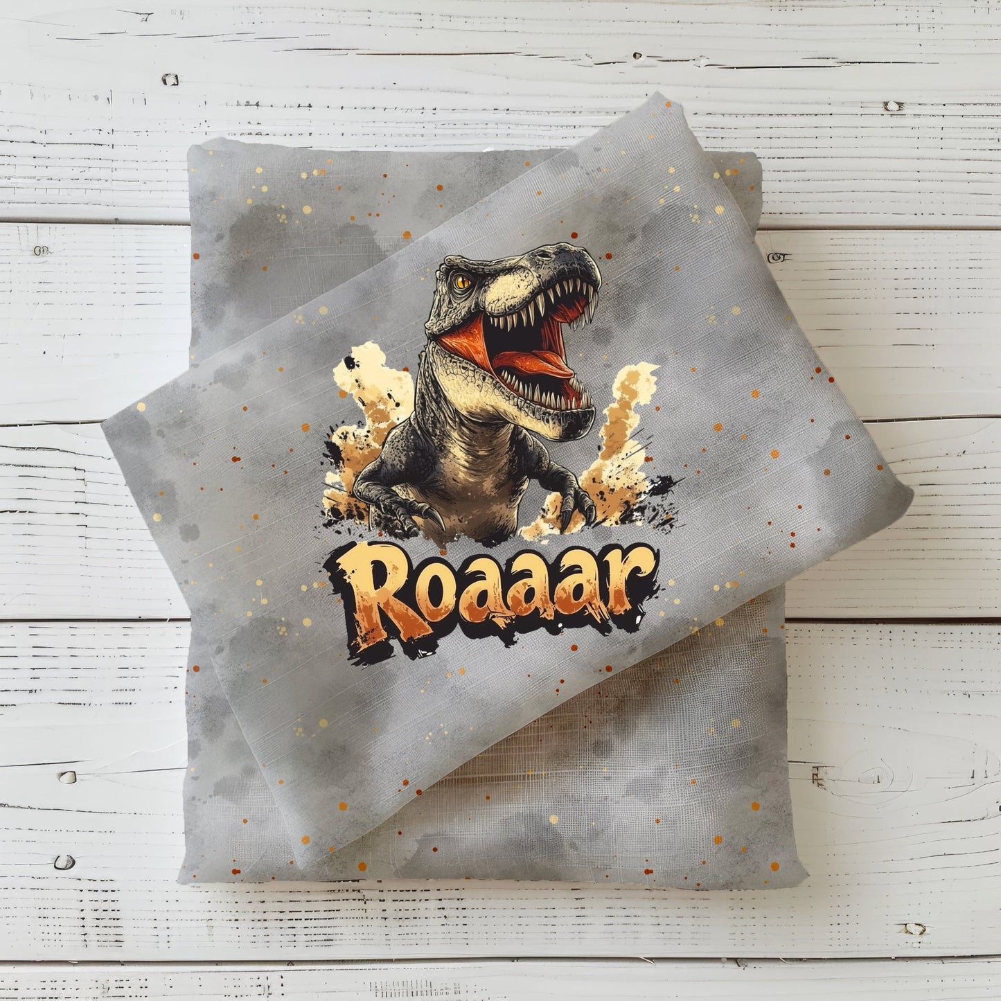 Kinderstoff mit wildem T-Rex-Motiv und Kombistoff – ideal für Hoodies und Shirts.