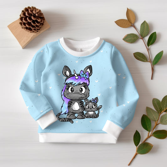 Hochwertiger Kinderstoff mit niedlichem Einhorn-Katzen-Design – Ideal für Baby- & Kinderbekleidung.
