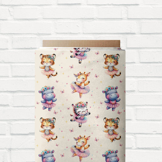 Jersey-Stoff „Tierisches Ballett“ mit fröhlichen Ballett-Tieren, ideal für Baby- & Kinderkleidung.