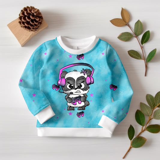 Verspieltes Zockerpanda-Stoffset mit Gaming-Motiven auf hochwertigem Jersey oder French Terry.